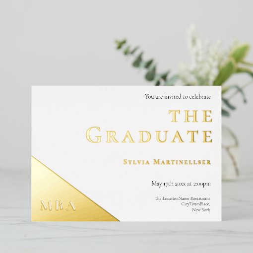 Degree Gold White MBA Graduation Party Foil Invitation Zazzle