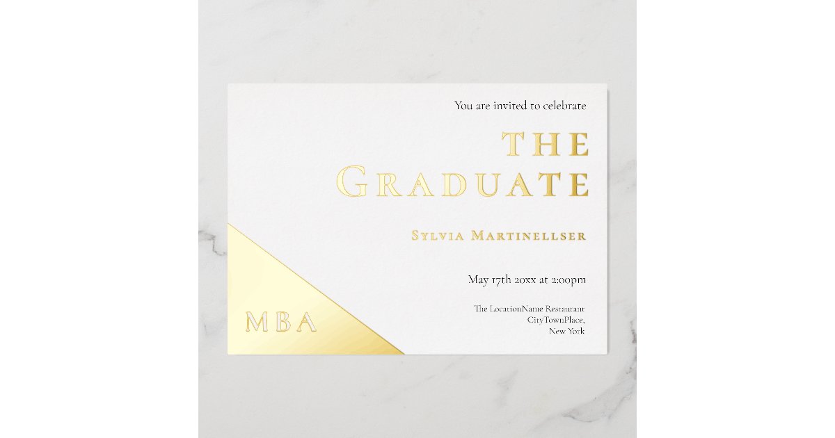 Degree Gold White MBA Graduation Party Foil Invitation | Zazzle