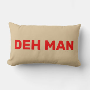 "DEH MAN"   Virgin Islands Slang Red Text, Beige Lumbar Pillow