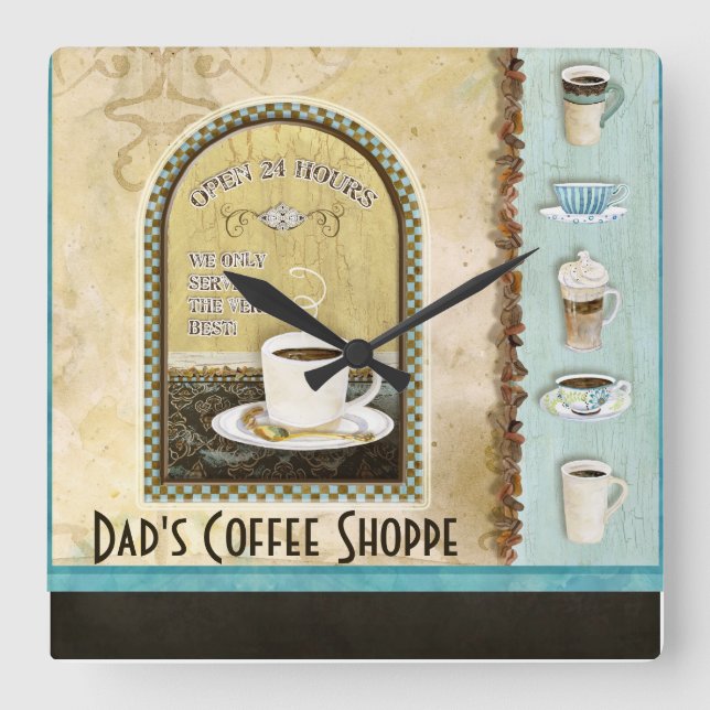 Deja' Brew Coffee Art Stacked Cups Mugs Caffeine Square Wall Clock (Front)