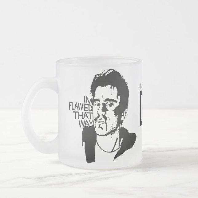 Deke - "I'm Flawed That Way" Frosted Glass Coffee Mug (Left)