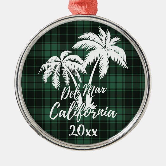 Del Mar California Beach Palm Tree Green Plaid Metal Ornament (Front)
