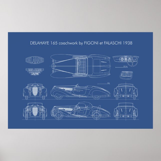 Delahaye 165 Figoni and Falaschi Blueprint Poster (Front)