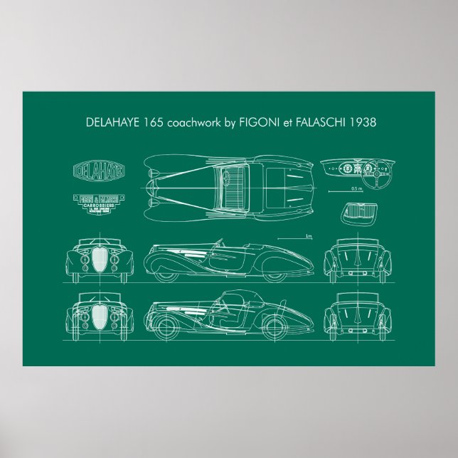 Delahaye 165 Figoni and Falaschi Blueprint Poster (Front)
