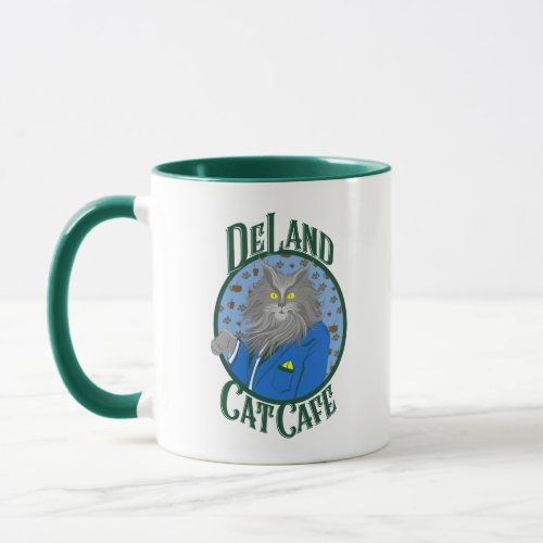 DeLand Cat Cafes Henry DeCat in blue suit Logo Mug