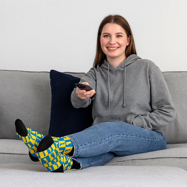 Delaware Blue Gold Checkerboard Pattern Socks (A pair of socks with a pattern featuring Delaware in blue and gold)