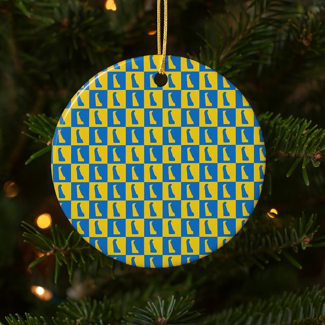 Delaware Checker Blue Gold Yellow Pattern Ceramic Ornament (An ornament with a pattern of Delaware done in blue and gold yellow.)
