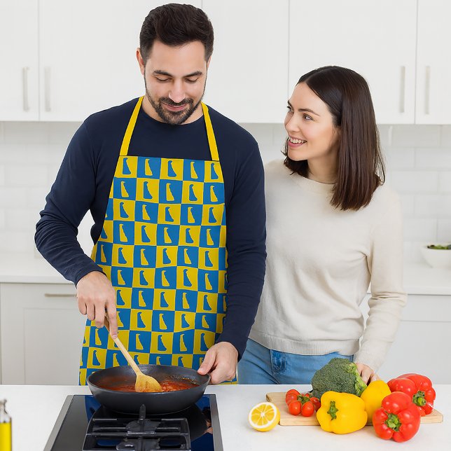 Delaware Checkerboard Blue Yellow Gold Pattern Apron (An apron with a blue and yellow gold pattern featuring the US state of Delaware.)