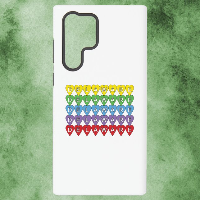 Delaware Colorful Hearts Samsung Galaxy Case (A phone case with yellow, green, blue, purple and red hearts that says Delaware.)