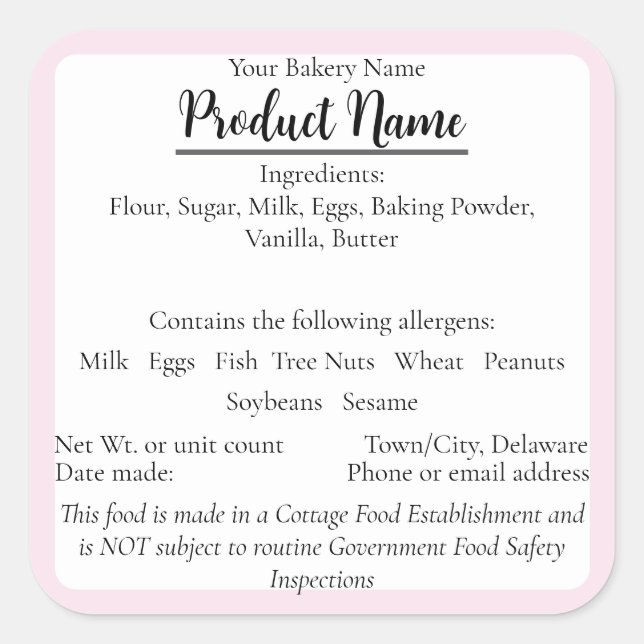 Delaware Cottage Food Business Pink Baking Label (Front)