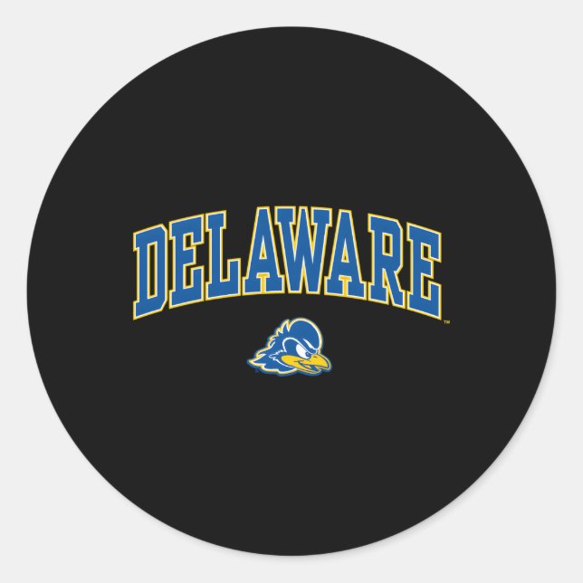 Delaware Fightin' Blue Hens Arch Over Heather Gray Classic Round Sticker (Front)