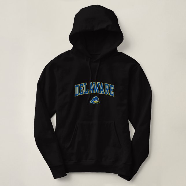 Delaware Fightin' Blue Hens Arch Over Heather Gray Hoodie (Design Front)