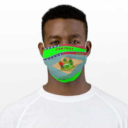 Delaware Flag  w Stars Stripes on Lime Green Adult Cloth Face Mask