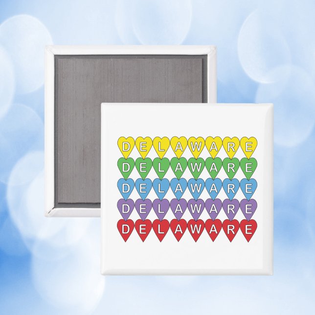 Delaware Hearts Colorful Pattern Magnet (A magnet with yellow, green, blue, purple and red hearts that spell out Delaware.)