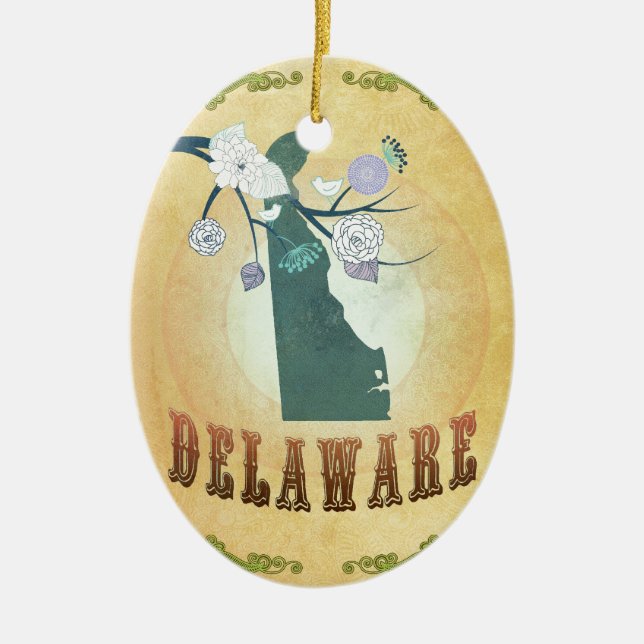 Delaware Map With Lovely Birds Ceramic Ornament (Front)