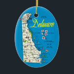 Delaware Ornament<br><div class="desc">A colorful vintage postcard map of the State of Delaware repurposed as an ornament.</div>