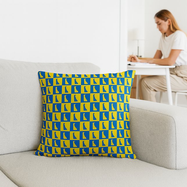 Delaware Pop Art Grid Pattern Blue Yellow Gold Throw Pillow (A throw pillow with a blue and gold pattern of Delaware)