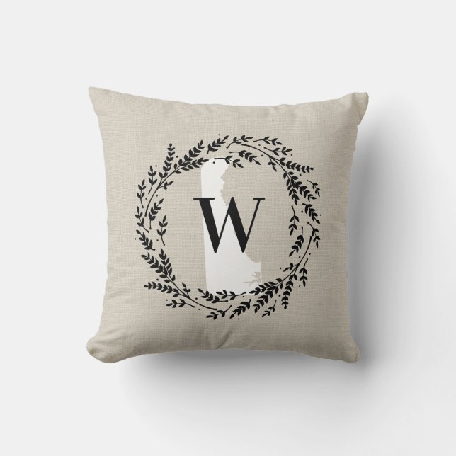 Delaware Rustic Wreath Monogram Throw Pillow (Front)