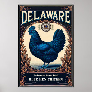 Delaware State Bird - Blue Hen Chicken Vintage Poster