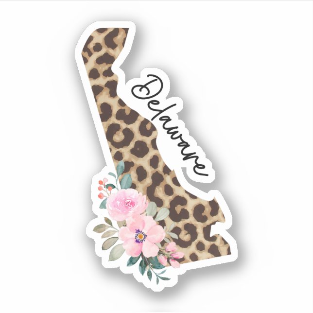 Delaware State Leopard Print With Flowers Sticker (Front)