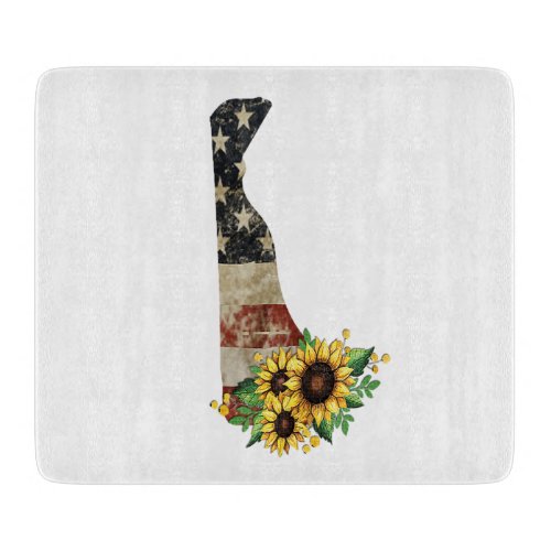 Delaware State Map US Flag Sunflower Glass Cutting Board