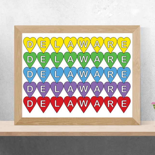 Delaware US State Colorful Hearts Poster (A poster of yellow, green, blue, purple and red hearts that say Delaware)
