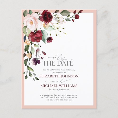 Delay the Date Burgundy Blush Floral Wedding Announcement Postcard