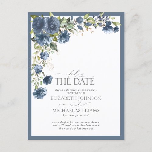 Delay the Date Dusty Blue Gold Floral Wedding Announcement Postcard