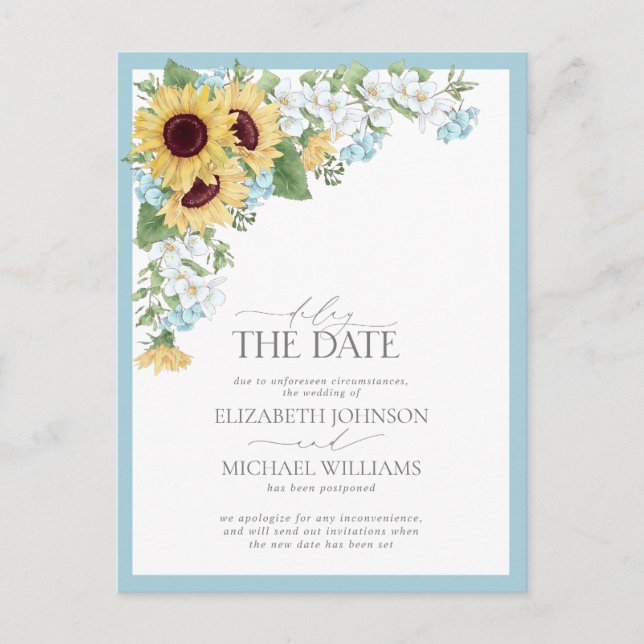 Delay the Date Dusty Blue Sunflower Floral Wedding Announcement Postcard (Front)