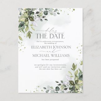 Delay the Date Eucalyptus Watercolor Wedding Announcement Postcard
