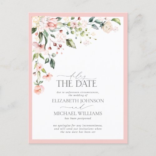 Delay the Date Floral Watercolor Pink Wedding Announcement Postcard