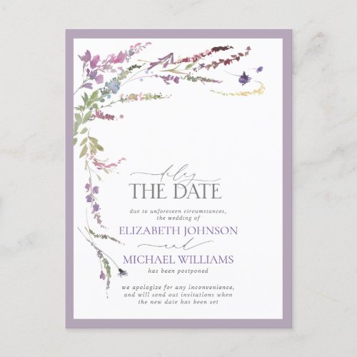Delay the Date Lilac Lavender Floral Wedding Announcement Postcard