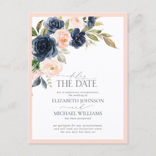 Delay the Date Navy Blue Blush Wedding Announcement Postcard