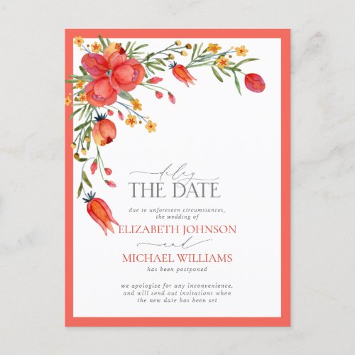 Delay the Date Papaya and Orange Floral Wedding Announcement Postcard