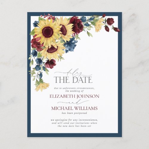 Delay the Date Sunflower Blue Burgundy Wedding Announcement Postcard