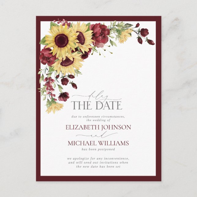Delay the Date Sunflower Burgundy Wedding Announcement Postcard (Front)
