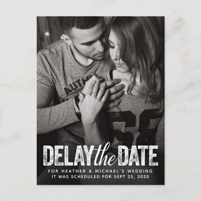 Delay The Date Wedding Distressed Script Photocard Postcard (Front)