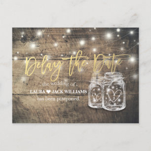 Delay the Date Wedding Postponement Mason Jar Wood Announcement Postcard