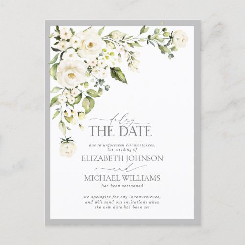 Delay the Date White Floral Greenery Wedding Announcement Postcard