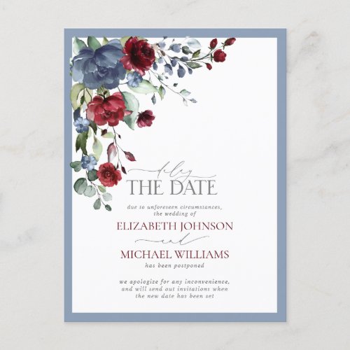 Delay the DateDusty Blue Burgundy Wedding Announcement Postcard