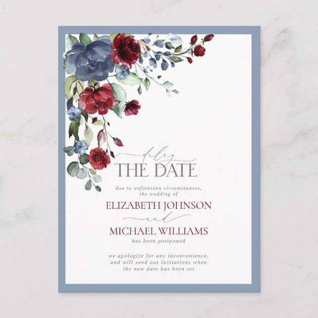 Delay the DateDusty Blue Burgundy Wedding Announcement Postcard (Front)