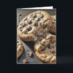 Delectable Birthday Chocolate Chip Cookies Card<br><div class="desc">A delectable display of chocolate chip cookies is arranged on a dark surface,  with one cookie with a bite taken out.
All text can be changed.</div>