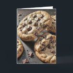 Delectable Birthday Chocolate Chip Cookies Card<br><div class="desc">A delectable display of chocolate chip cookies is arranged on a dark surface,  with one cookie with a bite taken out.
All text can be changed.</div>