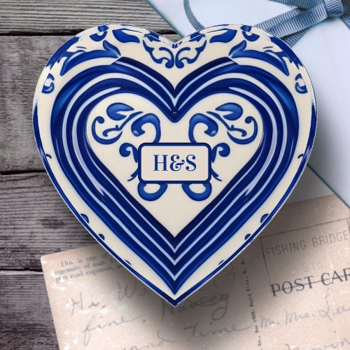 Delf Blue Heart  Couples Initials _ Dutch Tile Paperweight