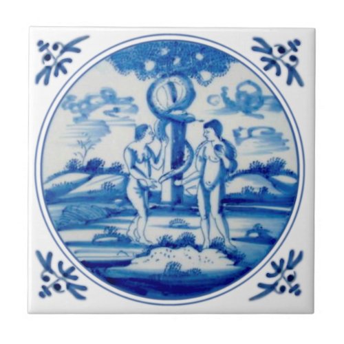 Delft Biblical Genesis Adam  Eve Repro circa 1760 Ceramic Tile