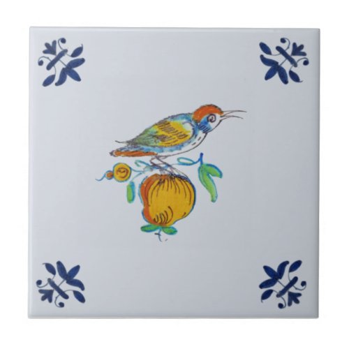 Delft Bird on Branch with Fruit Repro c 1650  Ceramic Tile