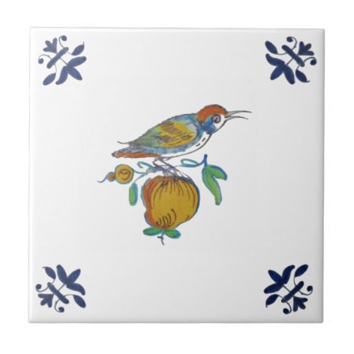 Delft Bird on Branch with Fruit Repro c 1650 Tile