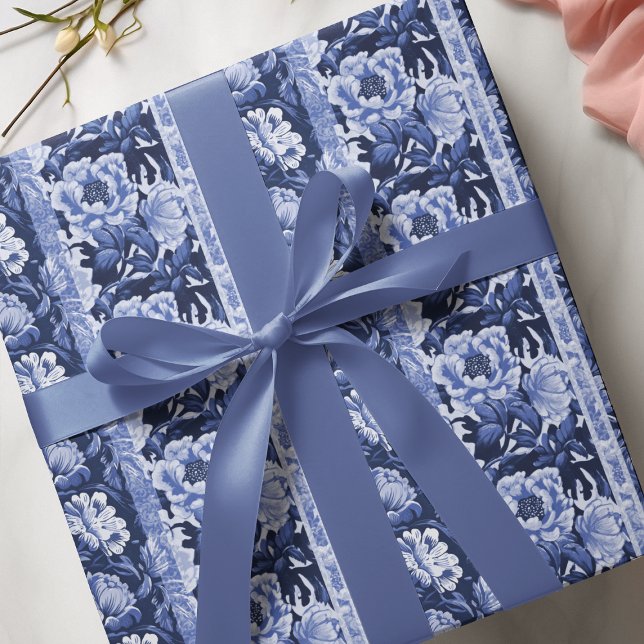 Delft Blue and White Antique Floral Pattern Wrapping Paper (Creator Uploaded)