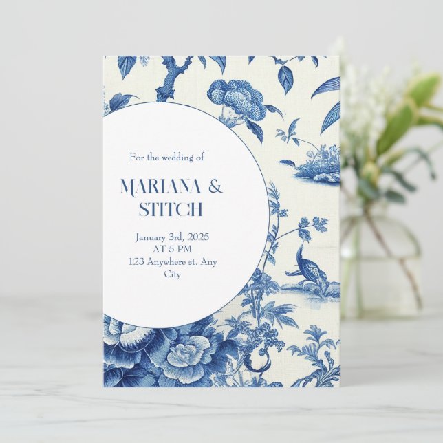 Delft Blue and White Chinoiserie Wedding Invitation (Standing Front)