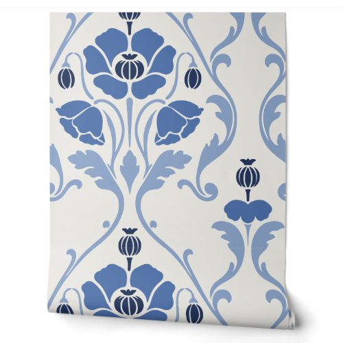 Delft Blue and White Victorian Poppy Floral Wallpaper